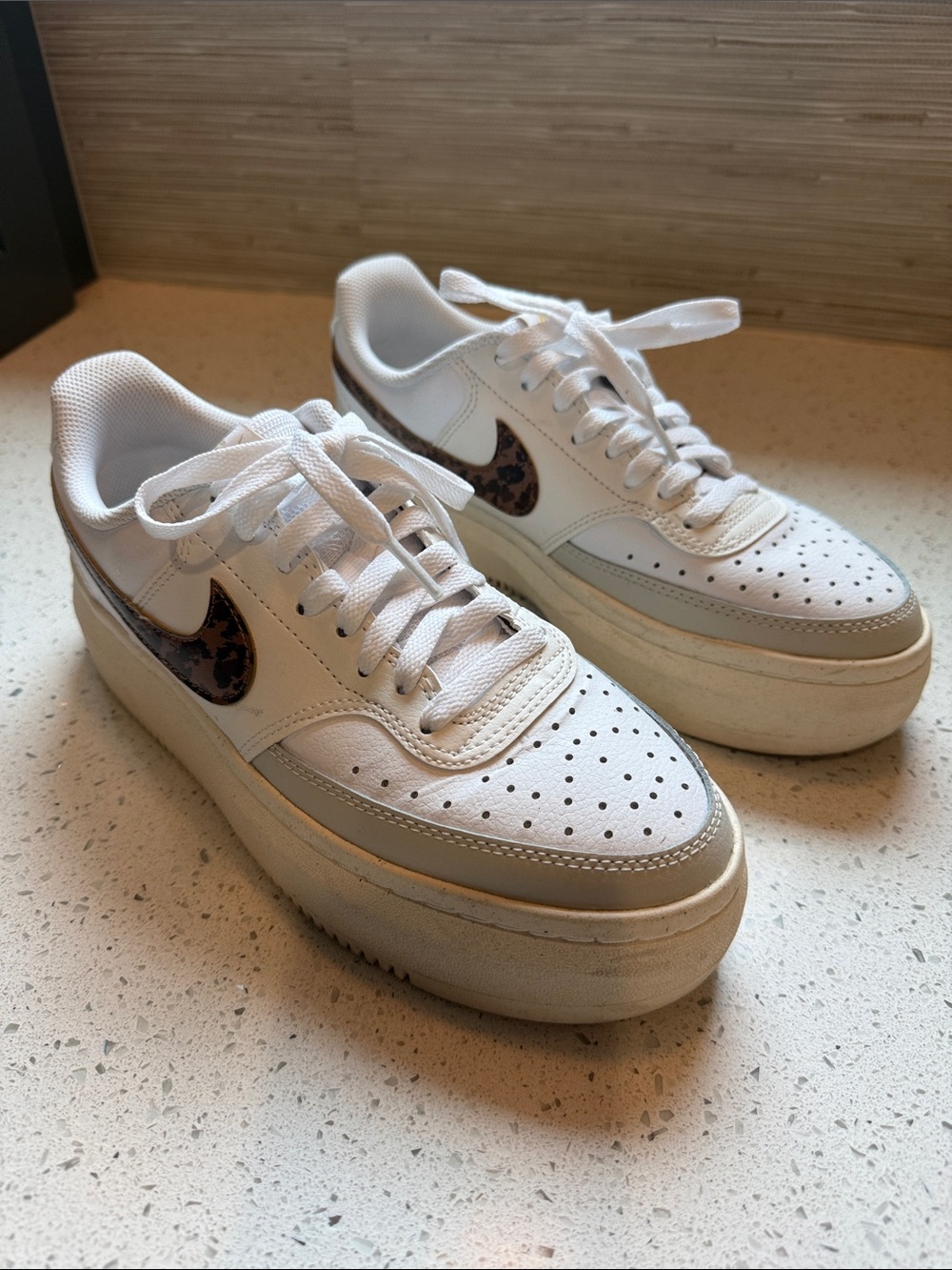 Nike White Leather Platform Sneakers with Leopard Swoosh